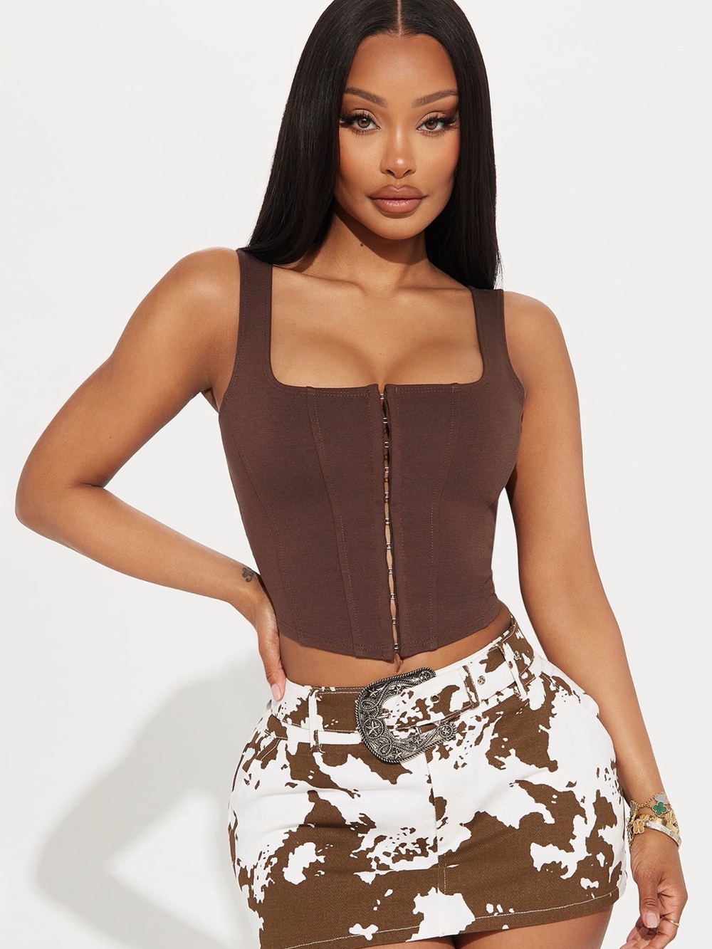 Brown Western Square-Neck Hook-Front Cowboy Cowgirl Corset Top - Women